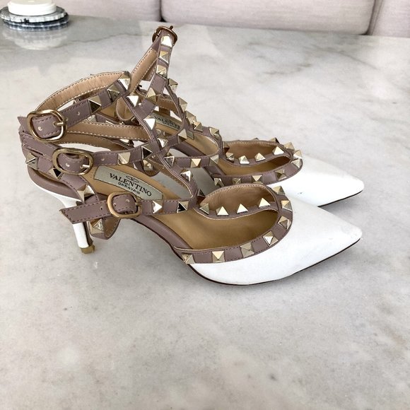 Valentino Garavani Rockstud caged pump ankle strap high heel leather shoes white - Picture 8 of 16